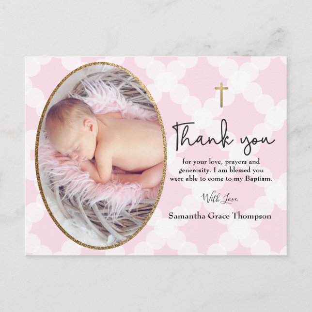 Baby Girl Pink Photo Baptism Thank You Postcard (Front)