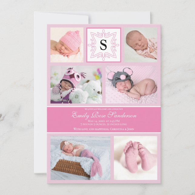 Baby Girl Pink Photo Birth Announcement Monogram (Front)
