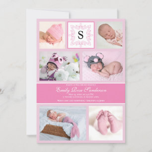 Baby Girl Pink Photo Birth Announcement Monogram