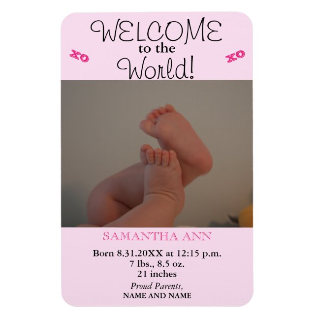 Baby Girl Pink Photo Birth Stats Announcement Magnet (Vertical)