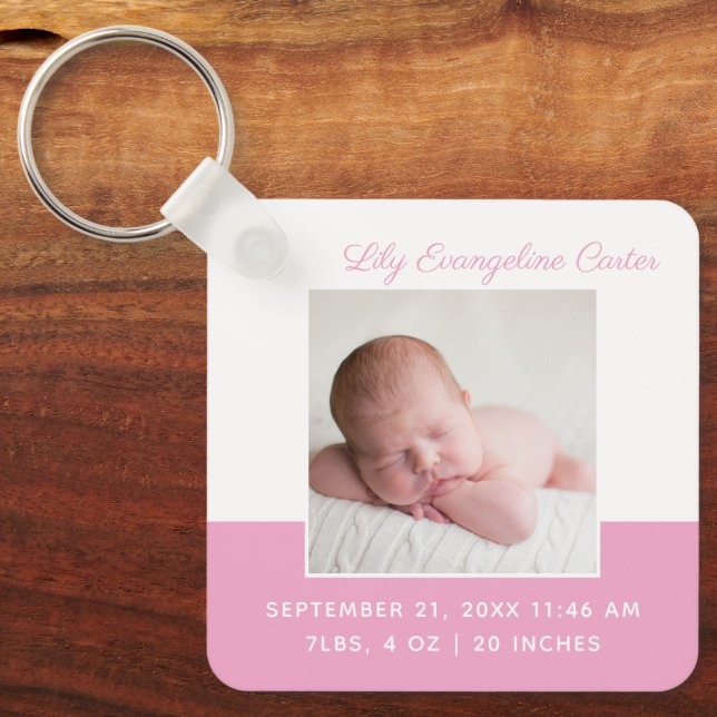 Baby Girl Pink Photo Elegant Birth Stats Keepsake Key Ring (Front)