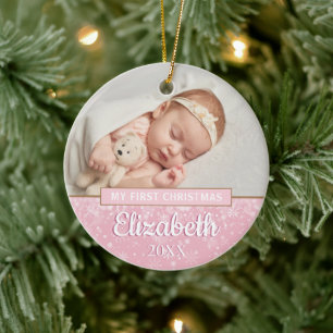 Baby Girl Pink Photo First Christmas Snowflakes Ceramic Tree Decoration
