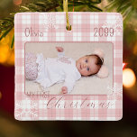 Baby girl pink plaid snowflake first Christmas Ceramic Ornament<br><div class="desc">A square Christmas ornament decorated with a pink plaid and snowflakes. Personalise it with a photo,  the name and the year to make a perfect gift for new parents or a beautiful keepsake for any family.</div>