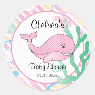 Baby Girl Pink Polka Dotted Whale Baby Shower Classic Round Sticker