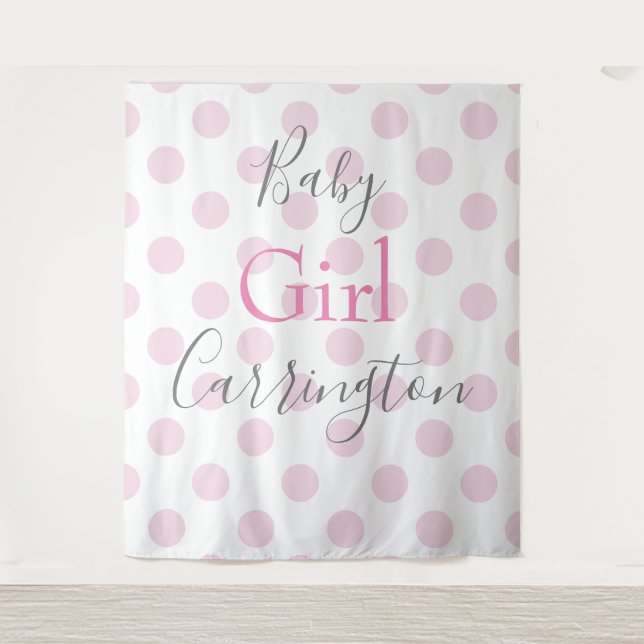Baby Girl Pink Polkadot Script Baby Shower Tapestry (Front)