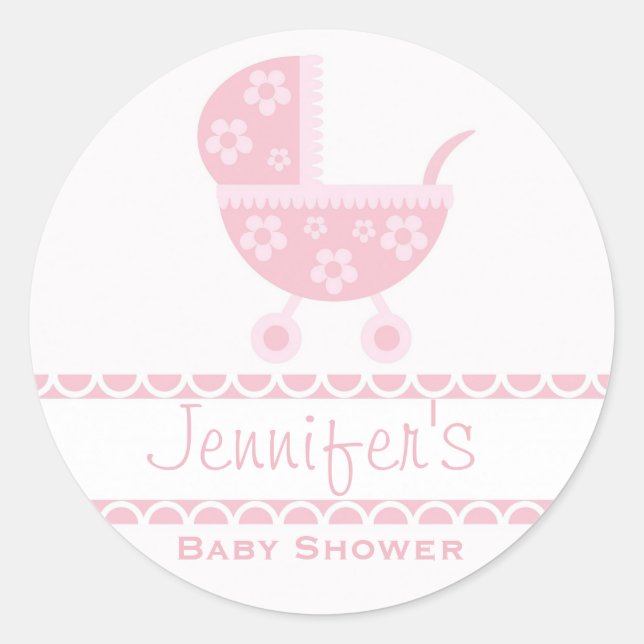 Baby Girl Pink Pram Stroller Baby Shower Stickers (Front)