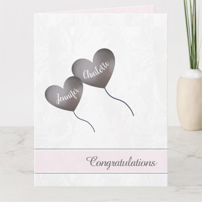 Baby girl pink & purple balloon twin christening card (Front)