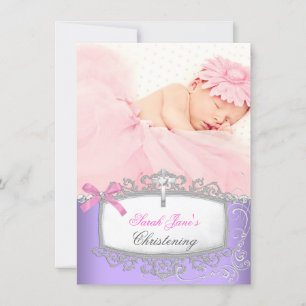 Baby Girl Pink Purple Christening Baptism Cross Announcement