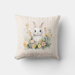 Baby Girl Pink Rabbit and Flowers Personalised Cushion