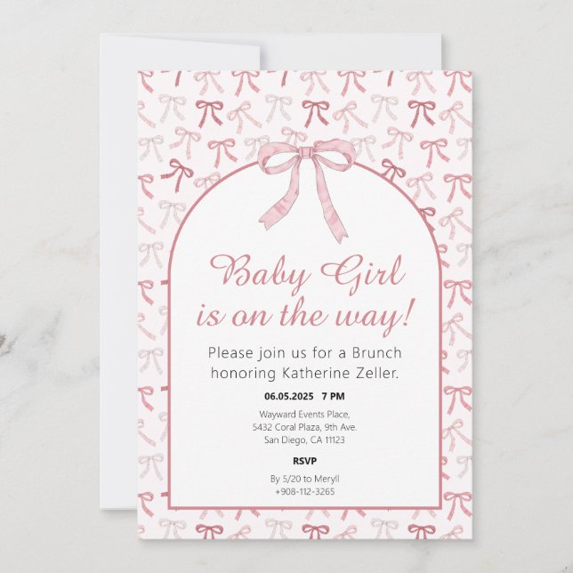 Baby Girl Pink Ribbon Bow Baby Shower Invitation (Front)