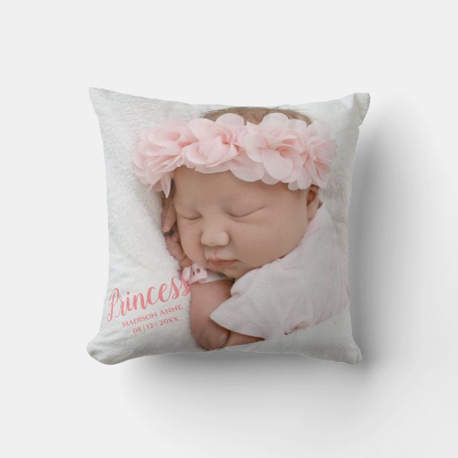 Baby Girl Pink Script Photo Birth Keepsake Cushion (Front)