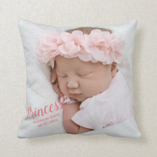 Baby Girl Pink Script Photo Birth Keepsake Cushion