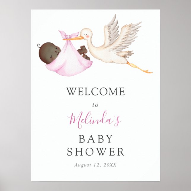 Baby Girl Pink Stork Baby Shower Welcome Poster (Front)