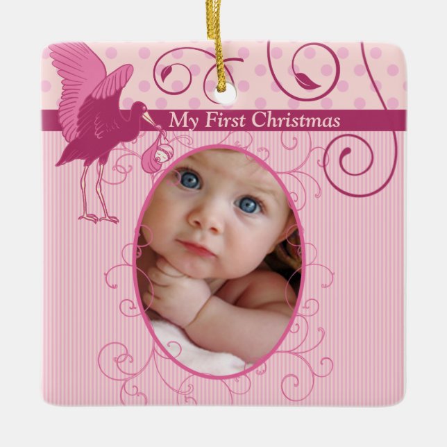 Baby Girl Pink Stork Birth Stats Photo Ceramic Tree Decoration (Front)