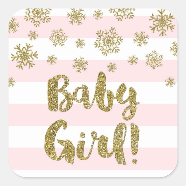 Baby Girl Pink Stripe Gold Snow Winter Baby Shower Square Sticker (Front)