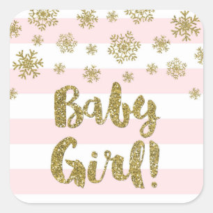 Baby Girl Pink Stripe Gold Snow Winter Baby Shower Square Sticker