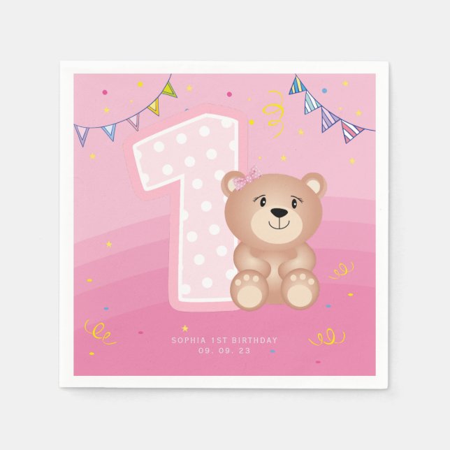 Baby Girl Pink teddy First Birthday Party Napkins (Front)