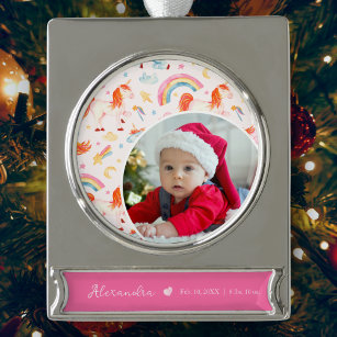 Baby Girl Pink Unicorn Photo Birth Stat Christmas Silver Plated Banner Ornament
