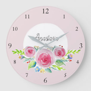 Baby Girl Pink Watercolor Flowers and Name Nursery Large Clock