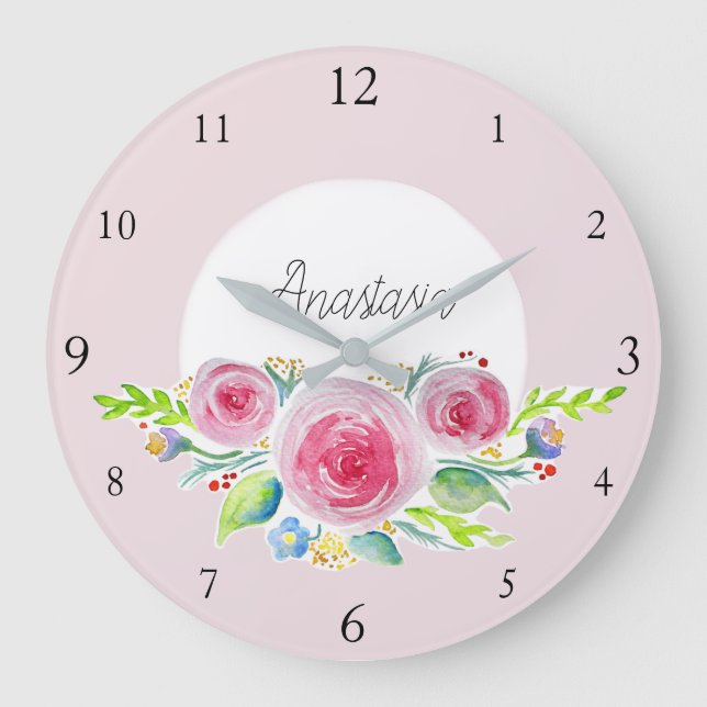 Baby Girl Pink Watercolor Flowers and Name Nursery Large Clock (Front)