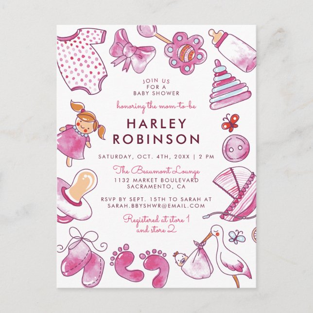 Baby Girl | Pink Watercolor Toys Baby Shower Invitation Postcard (Front)