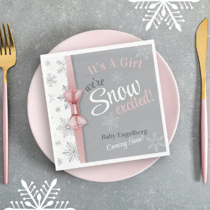 Baby Girl Pink We're Snow Excited Snowflake Shower Napkin