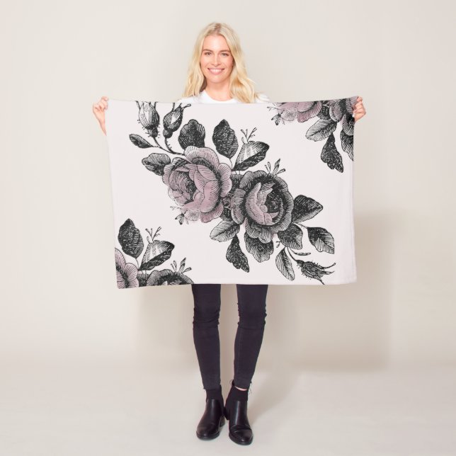 Baby Girl Pink White Black Victorian Rose Pattern Fleece Blanket (In Situ)