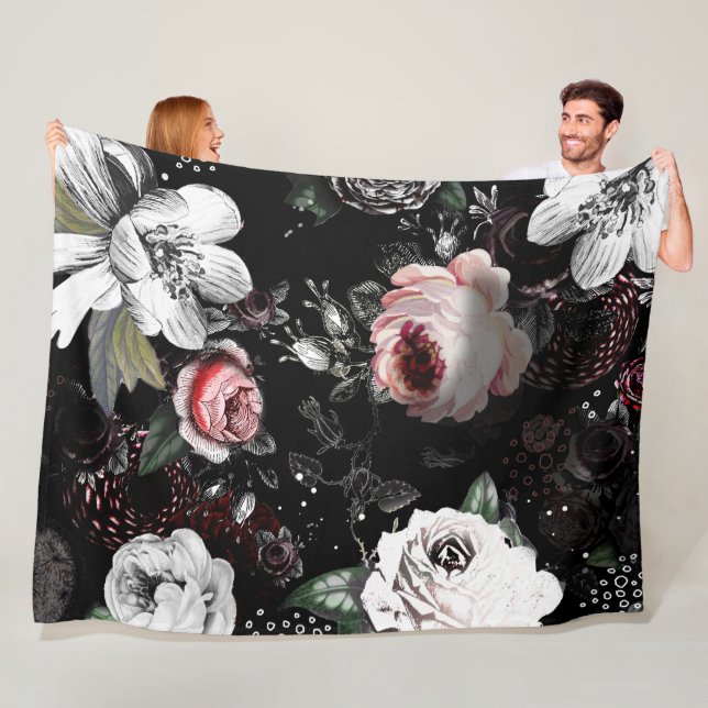 Baby Girl Pink White Black Victorian Rose Pattern Fleece Blanket (In Situ)