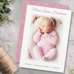 Baby Girl Pink White Bows Birth Announcement Card