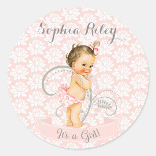 Baby Girl Pink White & Grey Classic Round Sticker