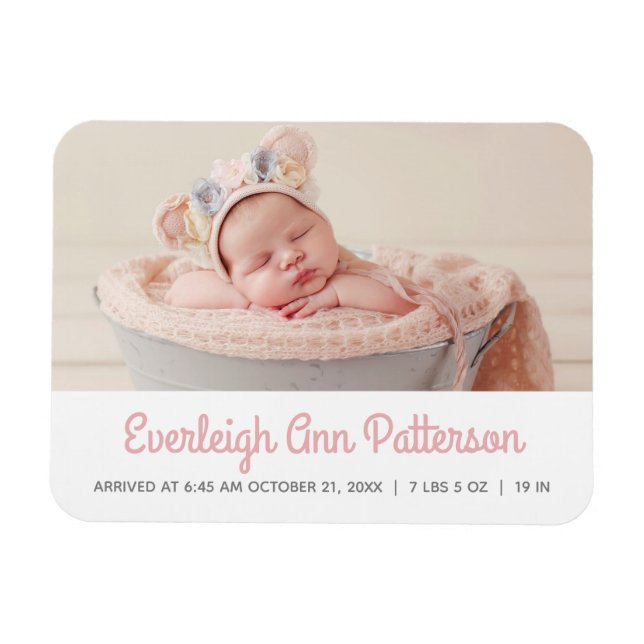 Baby Girl Pink White Photo Birth Announcement Magnet (Horizontal)