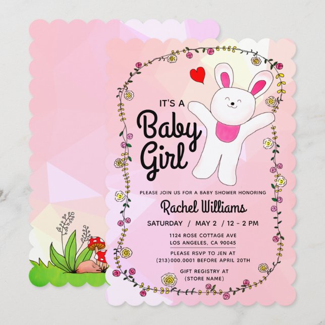 Baby Girl - Pink with Bunny Baby Shower Card (Front/Back)