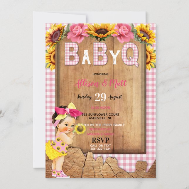 Baby Girl Pink Yellow Sunflower Baby Q Barbecue Invitation (Front)