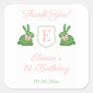 Baby Girl Preppy Bunny Monogram Thank You Favour Square Sticker