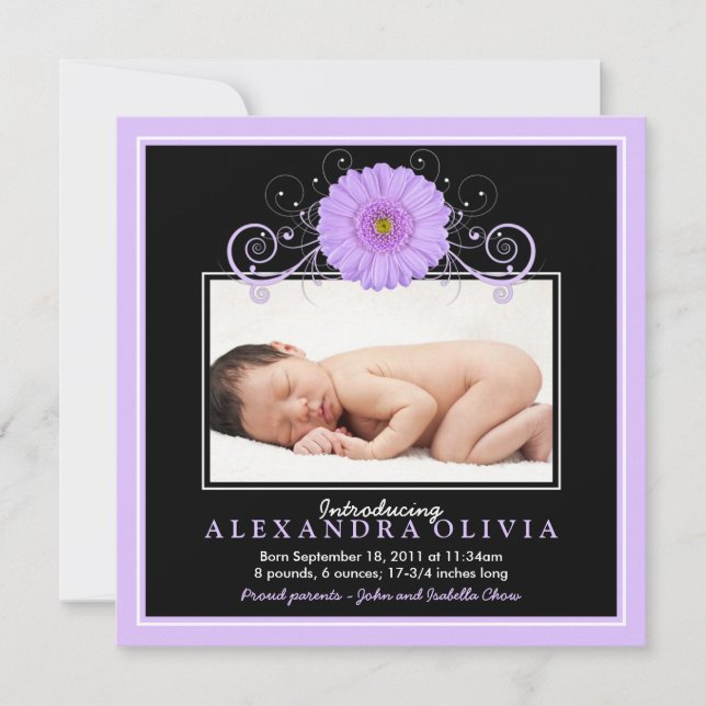 Baby Girl Purple Daisy Photo Birth Announcement (Front)