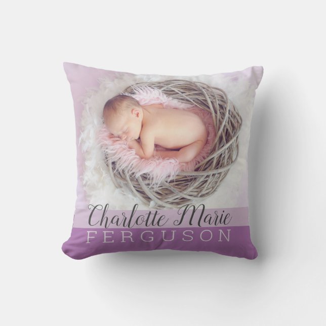 Baby Girl Purple Keepsake Photo Birth Stats Cushion (Front)