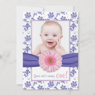 Baby Girl Purple Pink Daisy Floral Photo Birthday Invitation