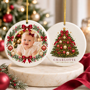 Baby Girl Red First Christmas Bow Photo Ceramic Tree Decoration