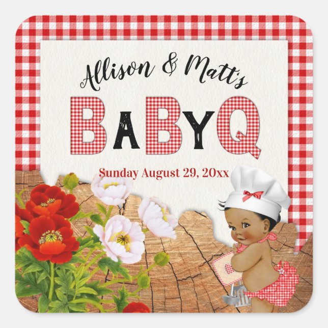 Baby Girl Red Gingham Wood Floral Baby Q BBQ Square Sticker (Front)