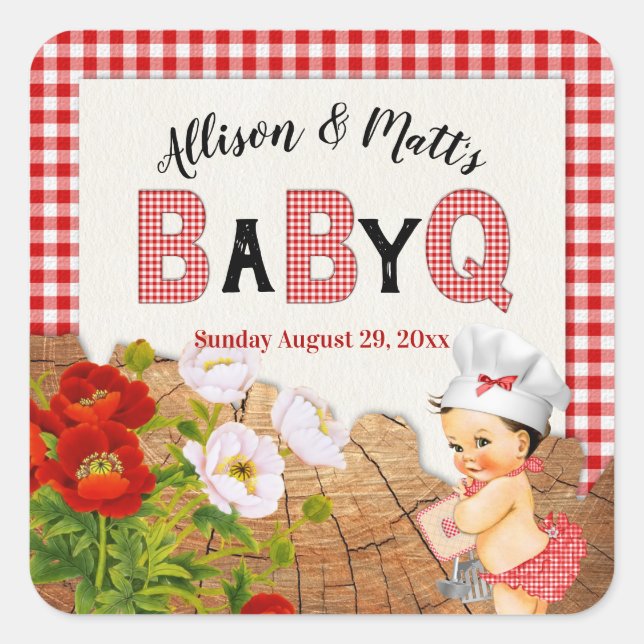 Baby Girl Red Gingham Wood Floral Baby Q BBQ Square Sticker (Front)