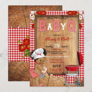 Baby Girl Red Gingham Wood Flowers Baby Q Barbecue Invitation