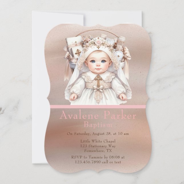 Baby Girl Rose Gold Basket Baptism Invitation (Front)