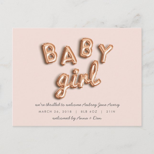 BABY girl! Rose gold/PINK postcard. Announcement Postcard (Front)