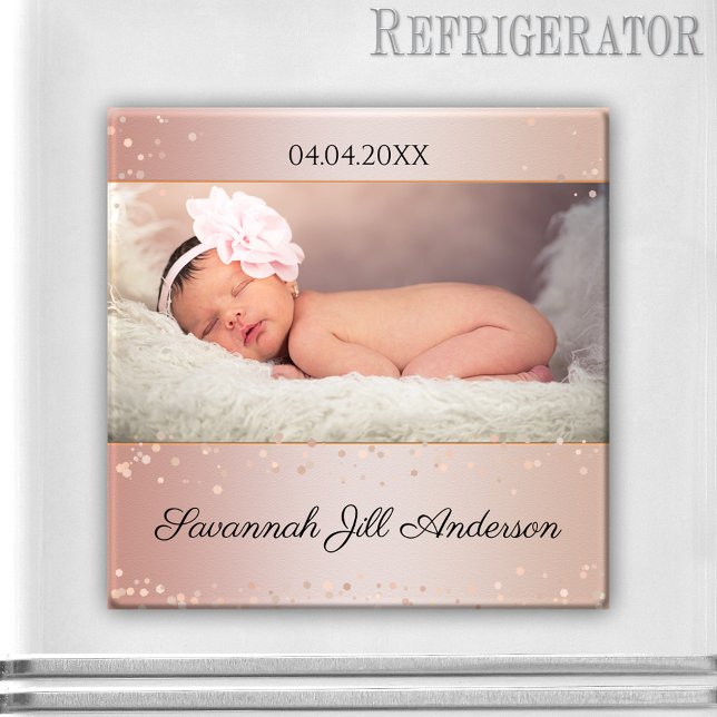 Baby Girl Rose Gold Sparkling Photo Magnet (Baby girl personalized photo magnet with a chic pink and rose gold sparkly design)