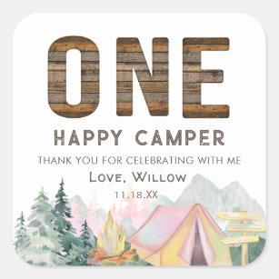 Baby Girl Rustic One Happy Camper Birthday Favours Square Sticker