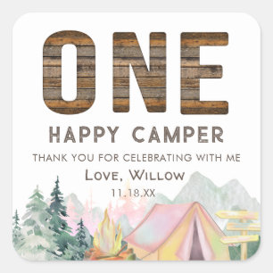 Baby Girl Rustic One Happy Camper Birthday Favours Square Sticker