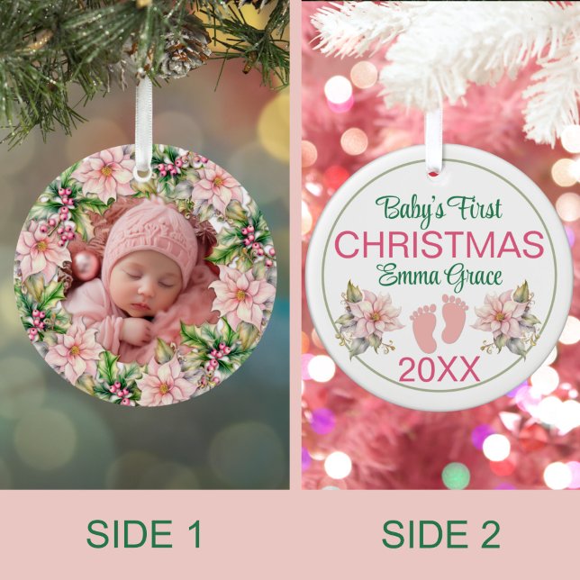 Baby Girl’s First Christmas Photo Pink Poinsettias Ceramic Tree Decoration (Creator Uploaded)