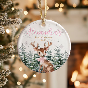 Baby Girl’s First Christmas Photo Woodland Ceramic Tree Decoration