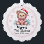 Baby Girl’s First Xmas Ornament – Personalised<br><div class="desc">Celebrate your little one’s first holiday season with this adorable personalised Christmas ornament for baby girls. Featuring a festive design and editable name, it makes a beautiful keepsake to hang on the family tree year after year. A wonderful Christmas gift for new parents, grandparents, or to treasure as part of...</div>