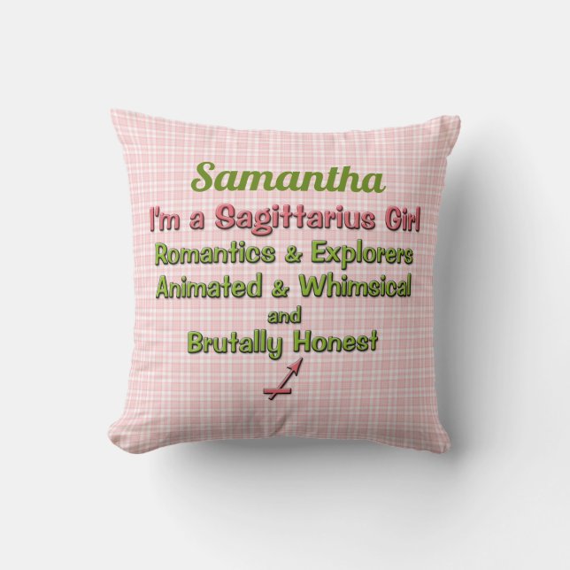 Baby Girl Sagittarius Zodiac Pink and Green Name Cushion (Front)
